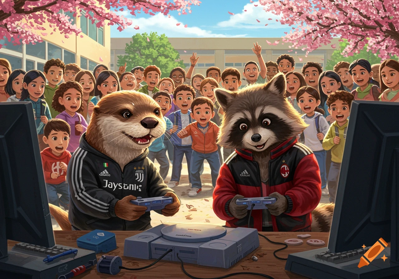 An otter in a black and white jacket and a raccoon in a red and black jacket play on a PlayStation console while a crowd of excited children watch in a schoolyard with cherry blossoms.