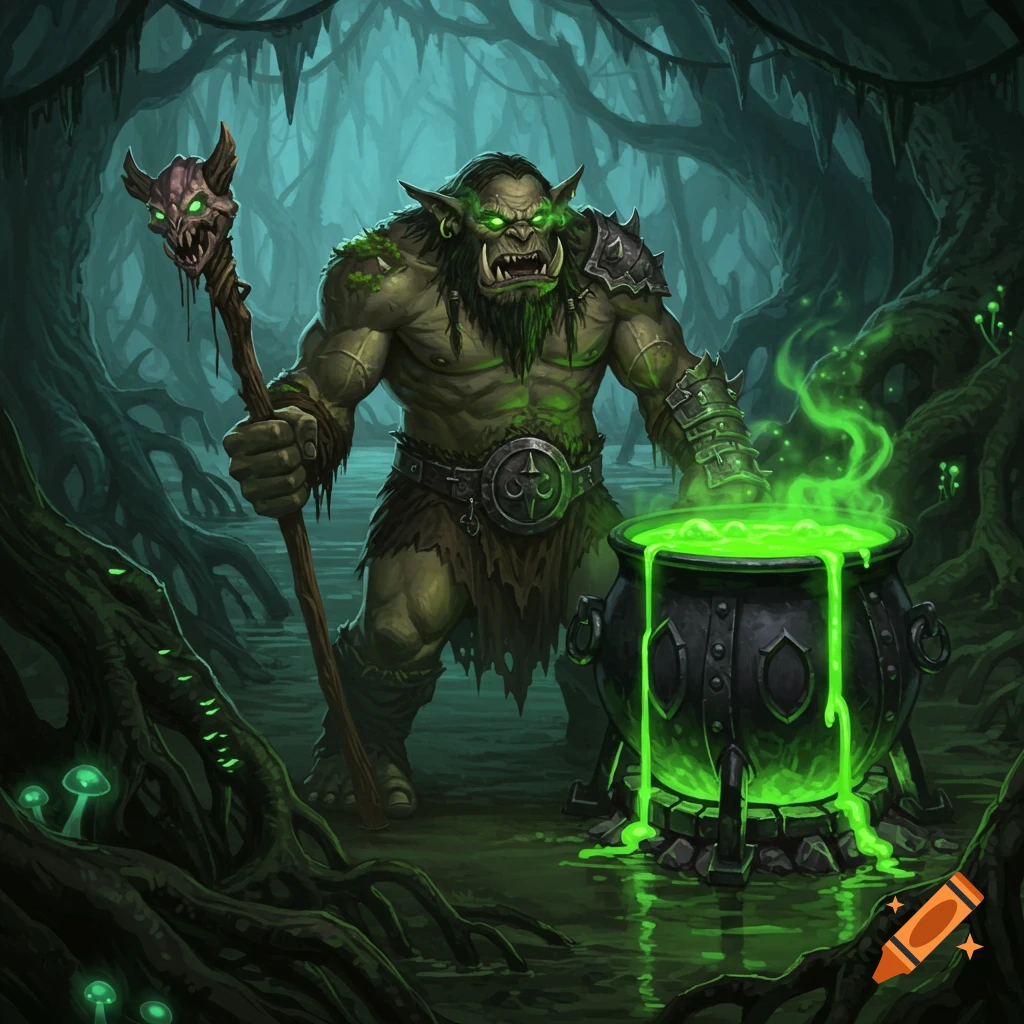 A green orc with glowing eyes stands in a dark swamp, holding a skull staff next to a cauldron of glowing green liquid. Highly detailed fantasy art.