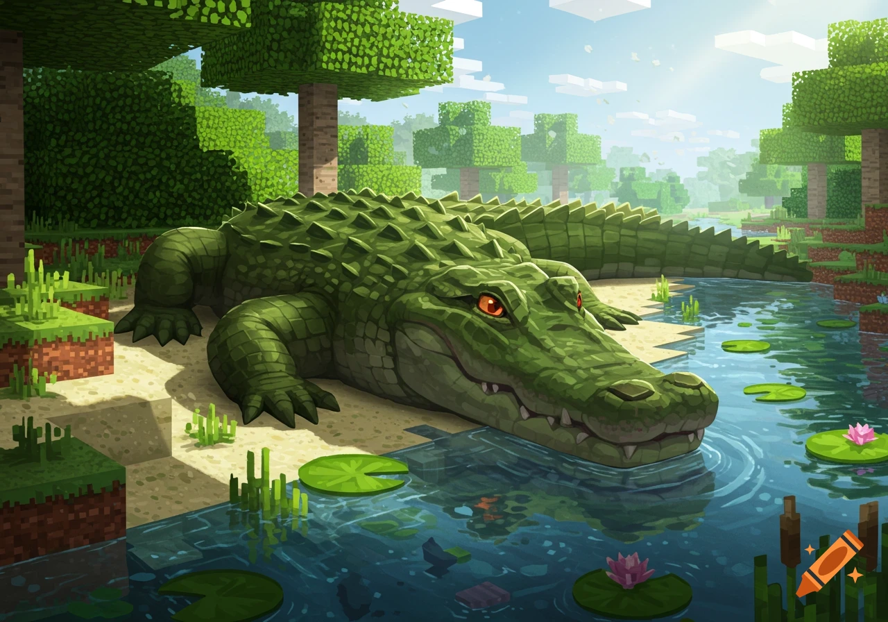 A large realistic alligator rests by a pond in a blocky Minecraft-style forest.