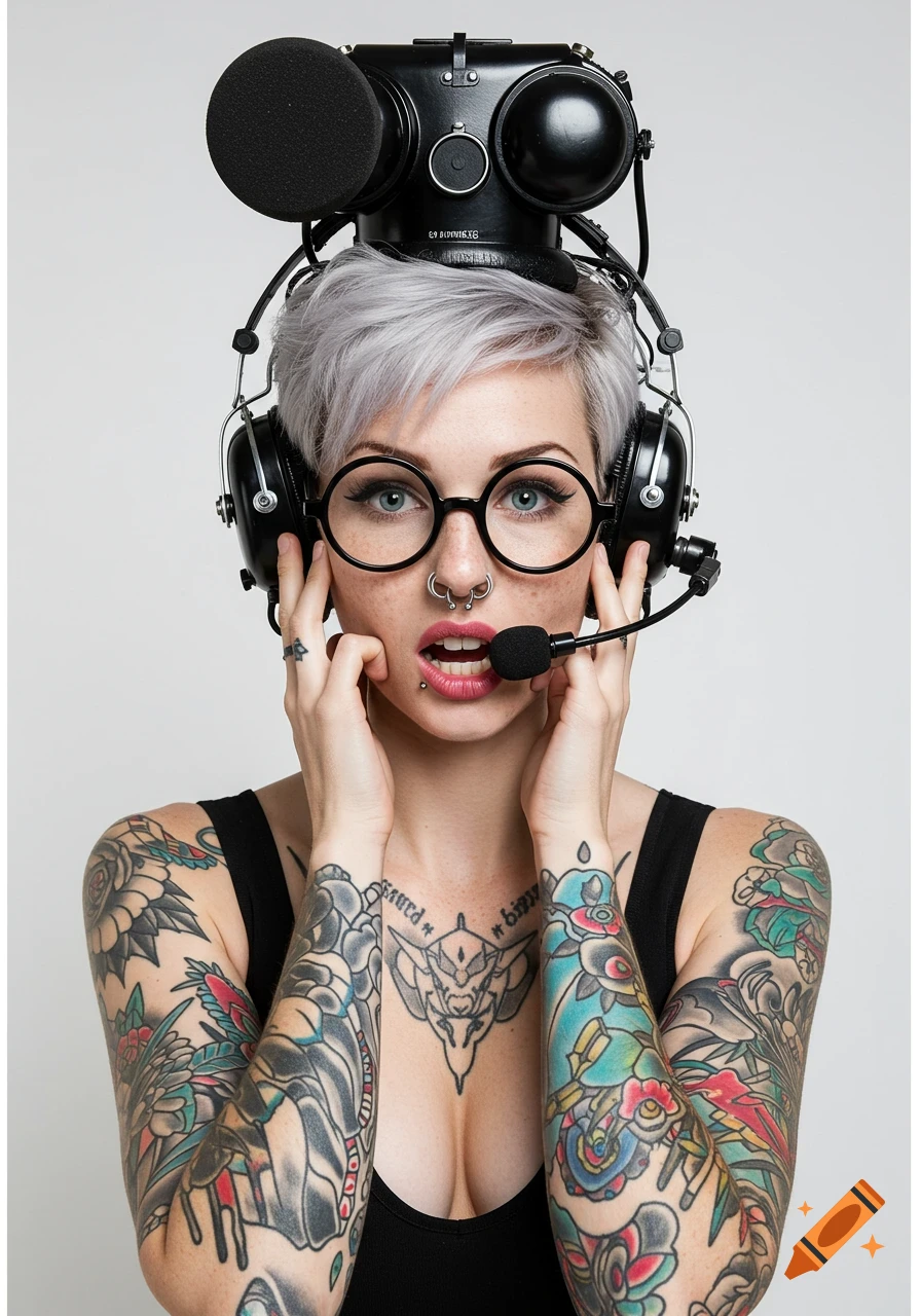 A tattooed woman with a platinum blonde pixie cut, round glasses, and facial piercings wears a large headset, posing in a studio.