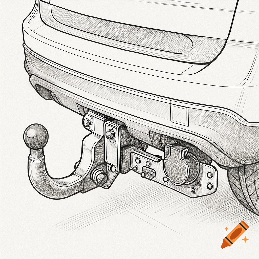 A detailed 2D drawing of a tow hitch attached to the rear of an SUV.