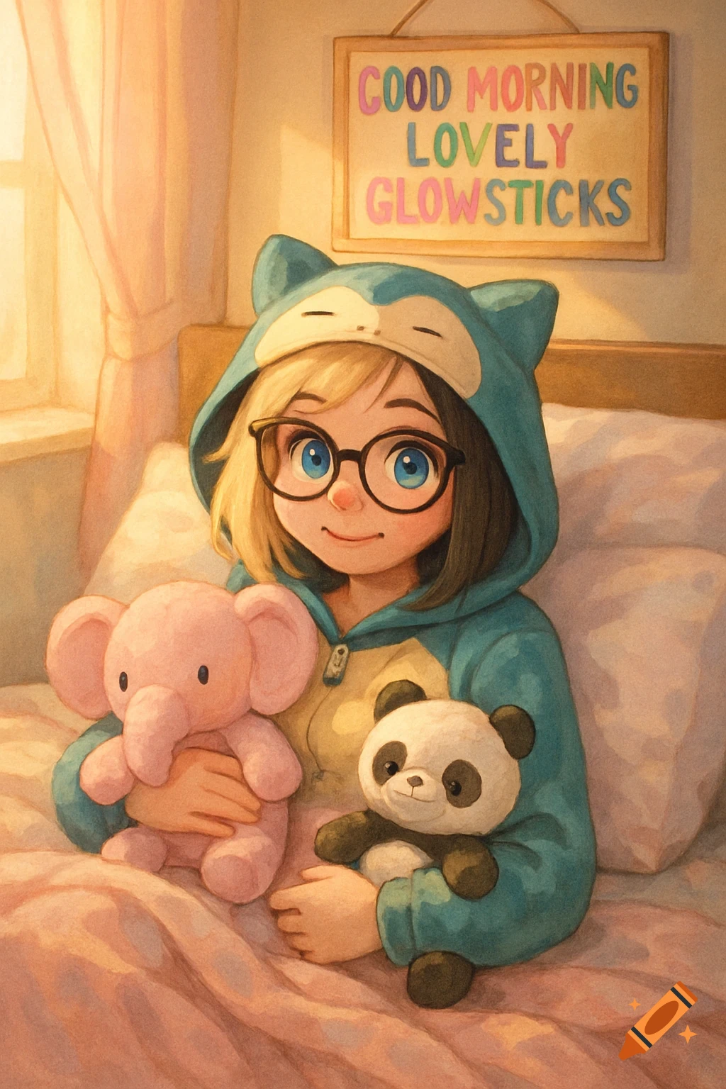 A cute animated girl in Snorlax pajamas sits in bed holding a pink elephant and a panda plush toy, with a 'Good Morning Lovely Glowsticks' sign above.