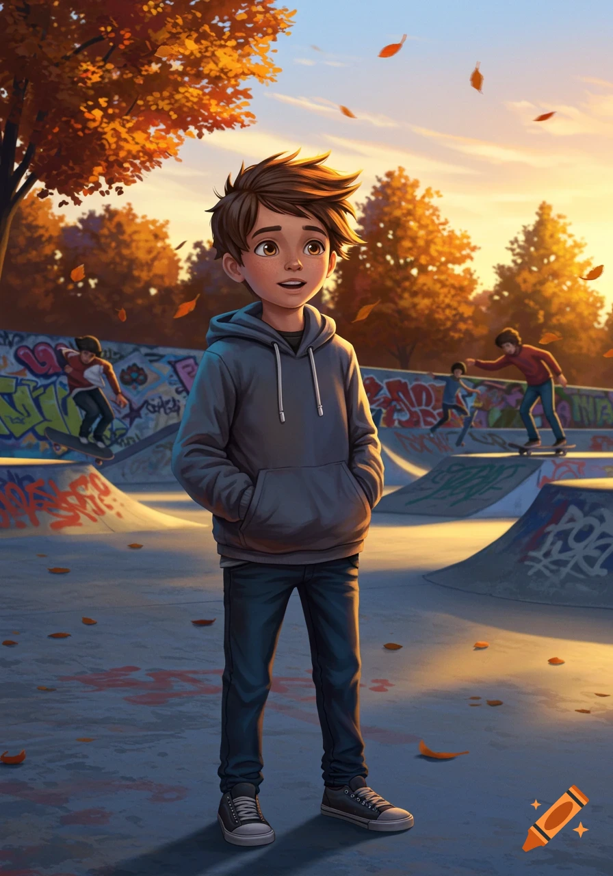 An illustrated tween boy stands in a graffiti-covered skate park with autumn trees and falling leaves.