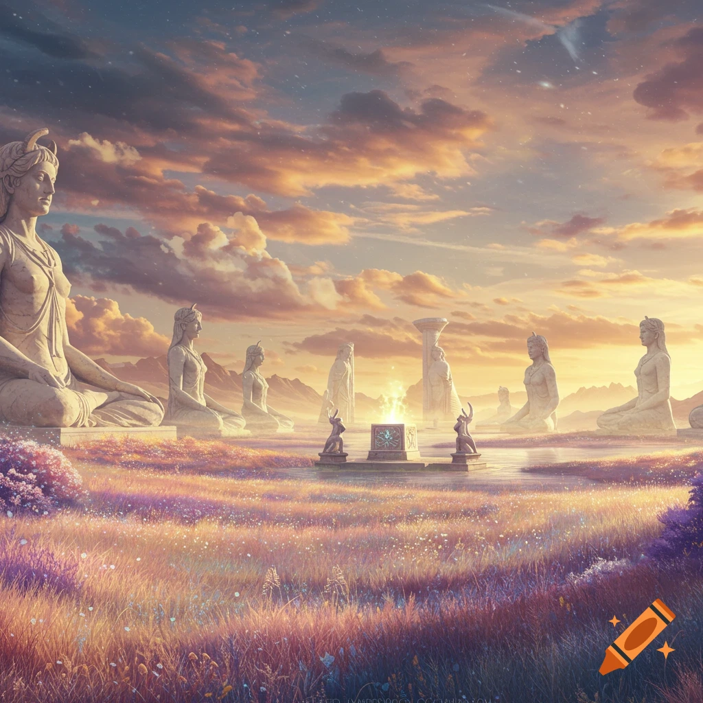 Serene stone statues of figures sit in a vast, mystical meadow with colorful wildflowers under an orange and purple sunset sky, with a glowing altar in the center.
