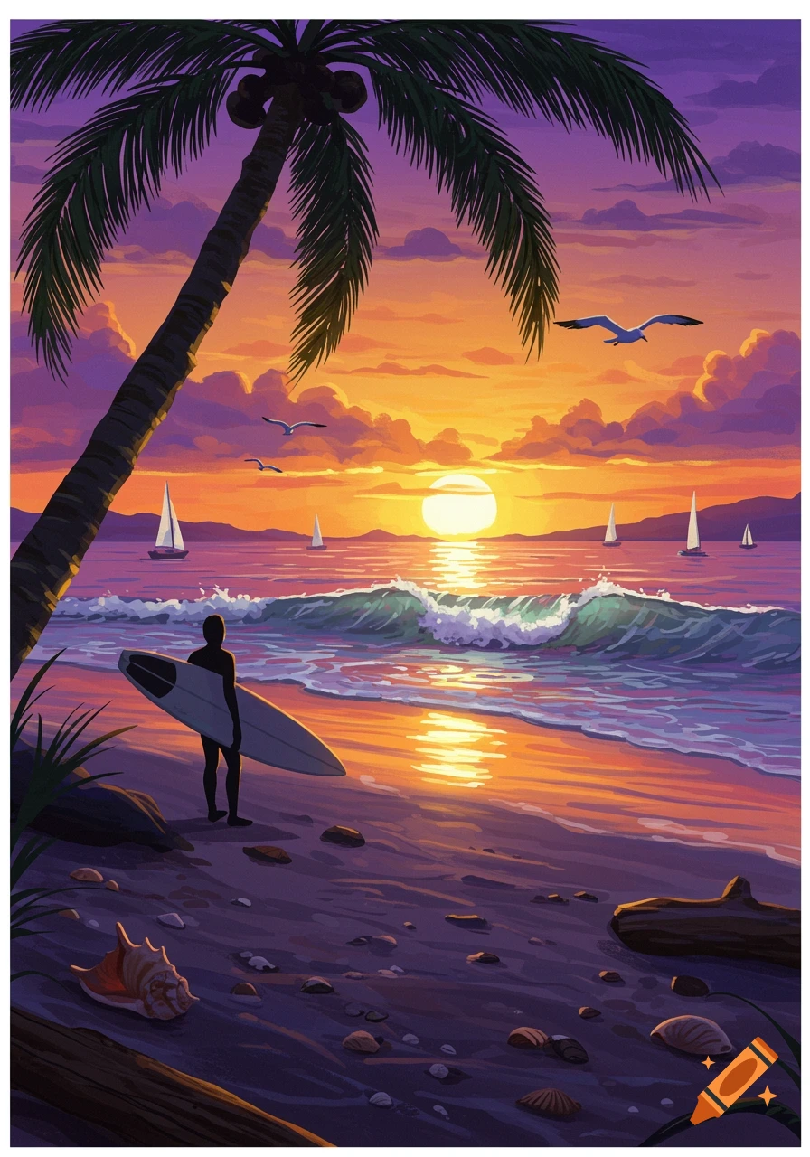 Stylized illustration of a surfer standing on a beach at sunset, with a palm tree, sailboats, and crashing waves.