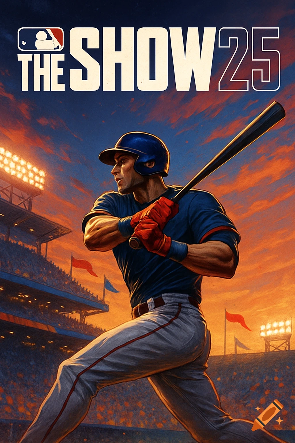 Illustration of a baseball player with a bat in a stadium under a dramatic sunset sky, with 'MLB THE SHOW 25' text.