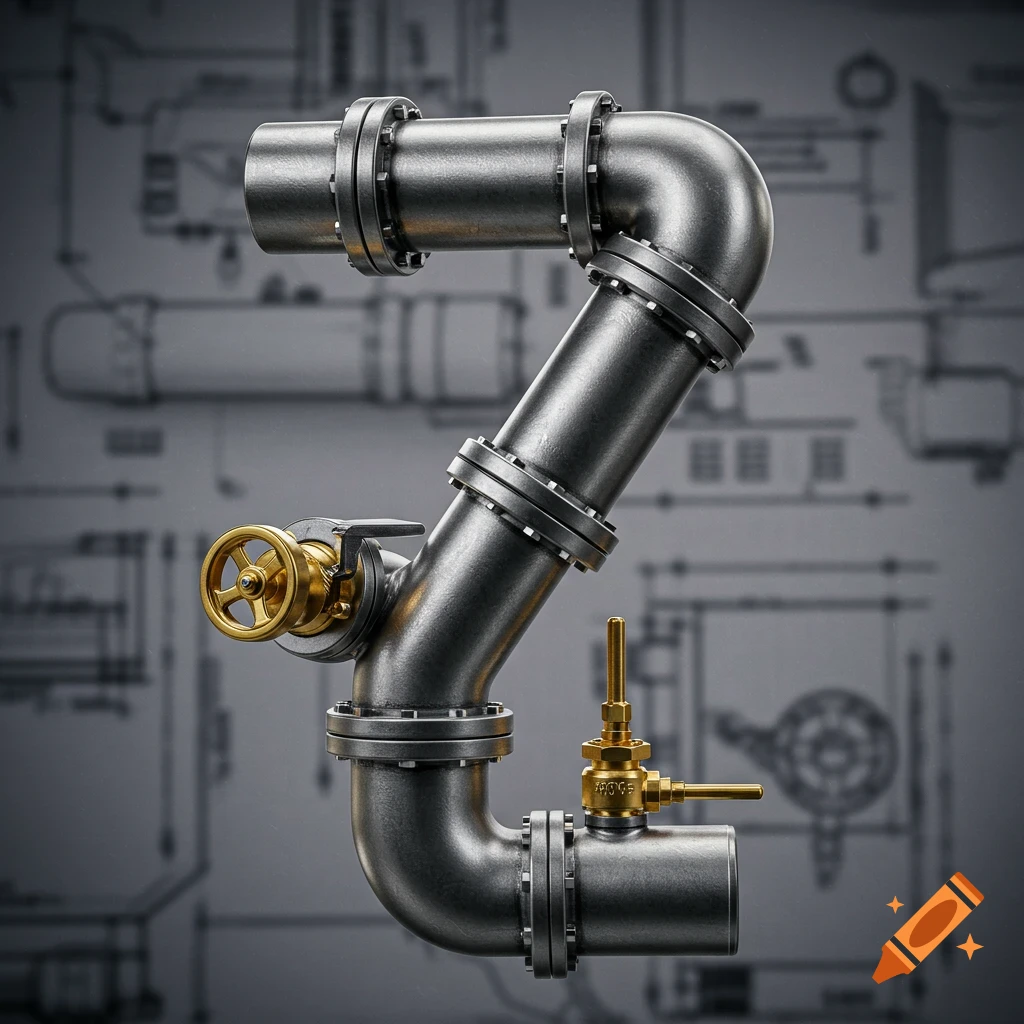 A photorealistic 3D render of silver industrial pipes, valves, and flanges arranged to form the number 7, against a blurred blueprint background.