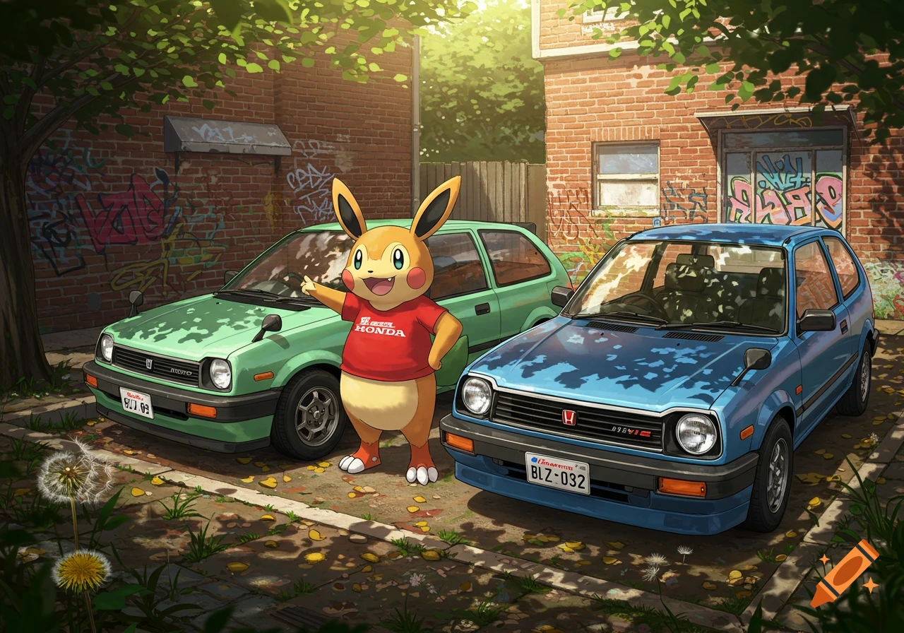 An anime-style creature resembling Pikachu with orange and brown fur wears a red Honda t-shirt, pointing towards a green Honda Civic. Another blue Honda Civic is parked nearby, all in a sunny, graffiti-covered urban alleyway.