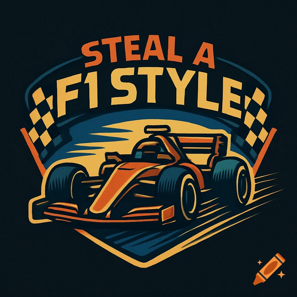 Retro-style logo with an orange Formula 1 car, a checkered flag, and text 'STEAL A F1 STYLE'.