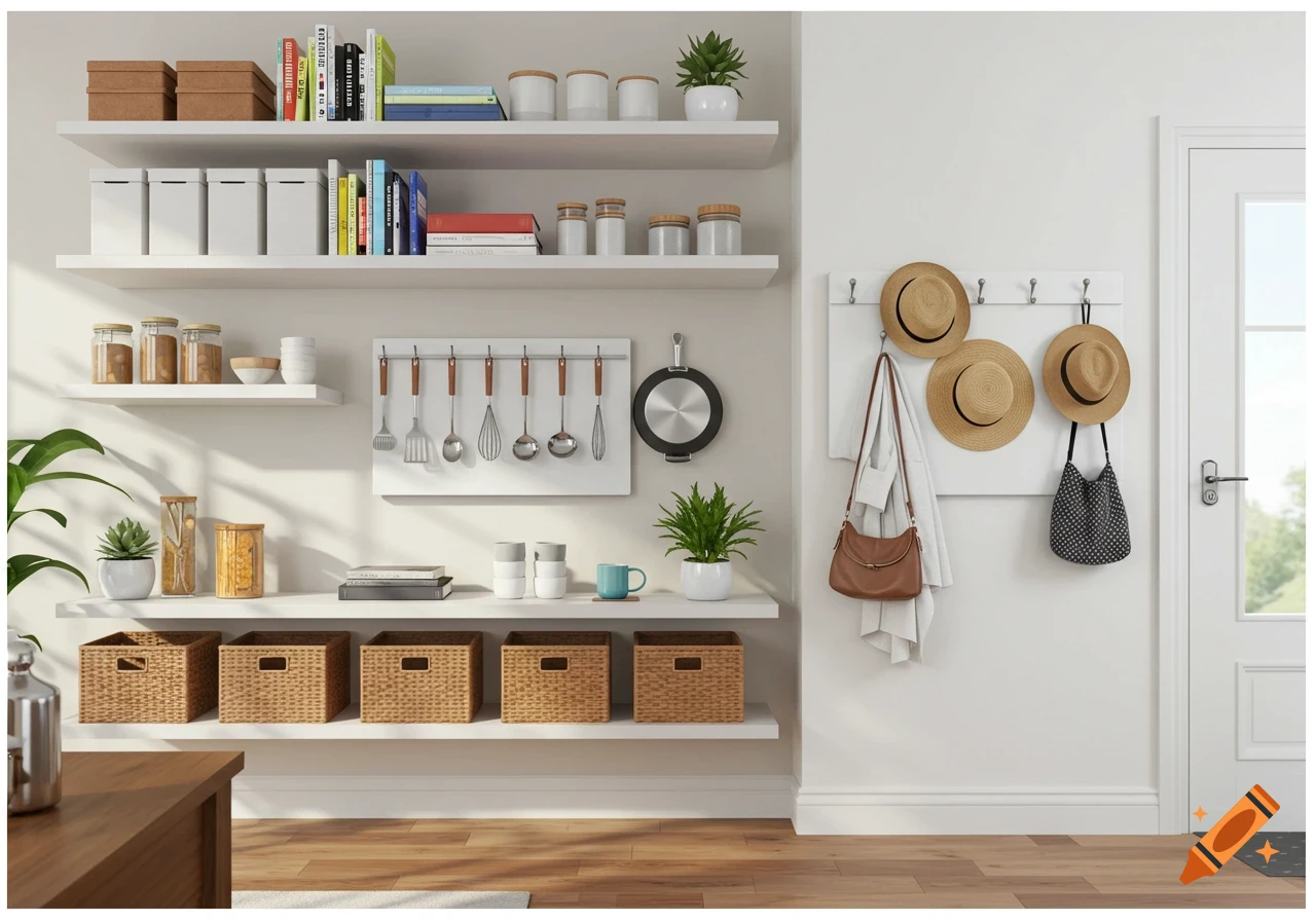 A well-organized room features white floating shelves displaying books, jars, and wicker baskets. Nearby, a white wall-mounted rack holds kitchen utensils, and hooks hold straw hats and bags next to a door.