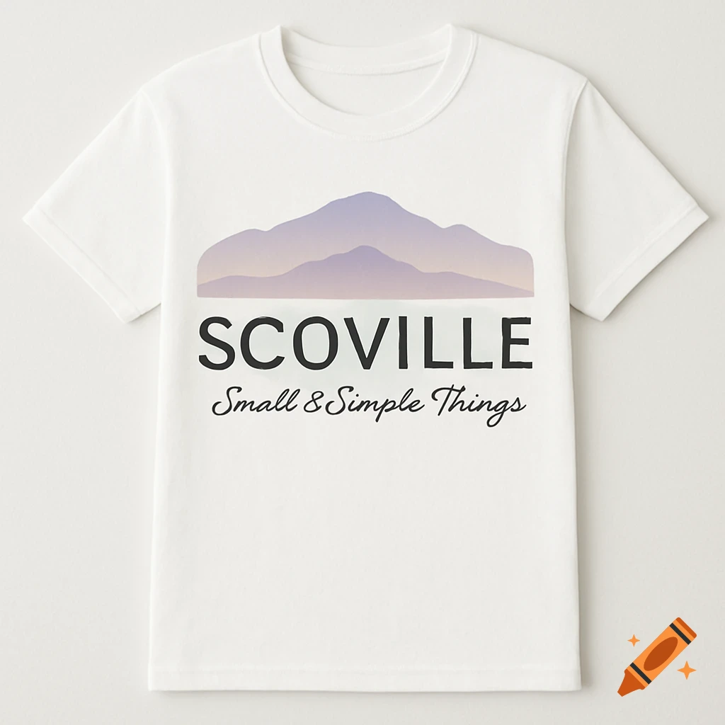 A white t-shirt with a purple and gray mountain silhouette design above the text 'SCOVILLE' and 'Small & Simple Things'.