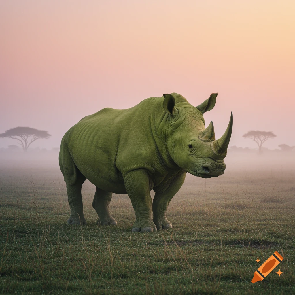 A green rhinoceros stands in a misty, grassy field at dawn or dusk, with trees in the background.