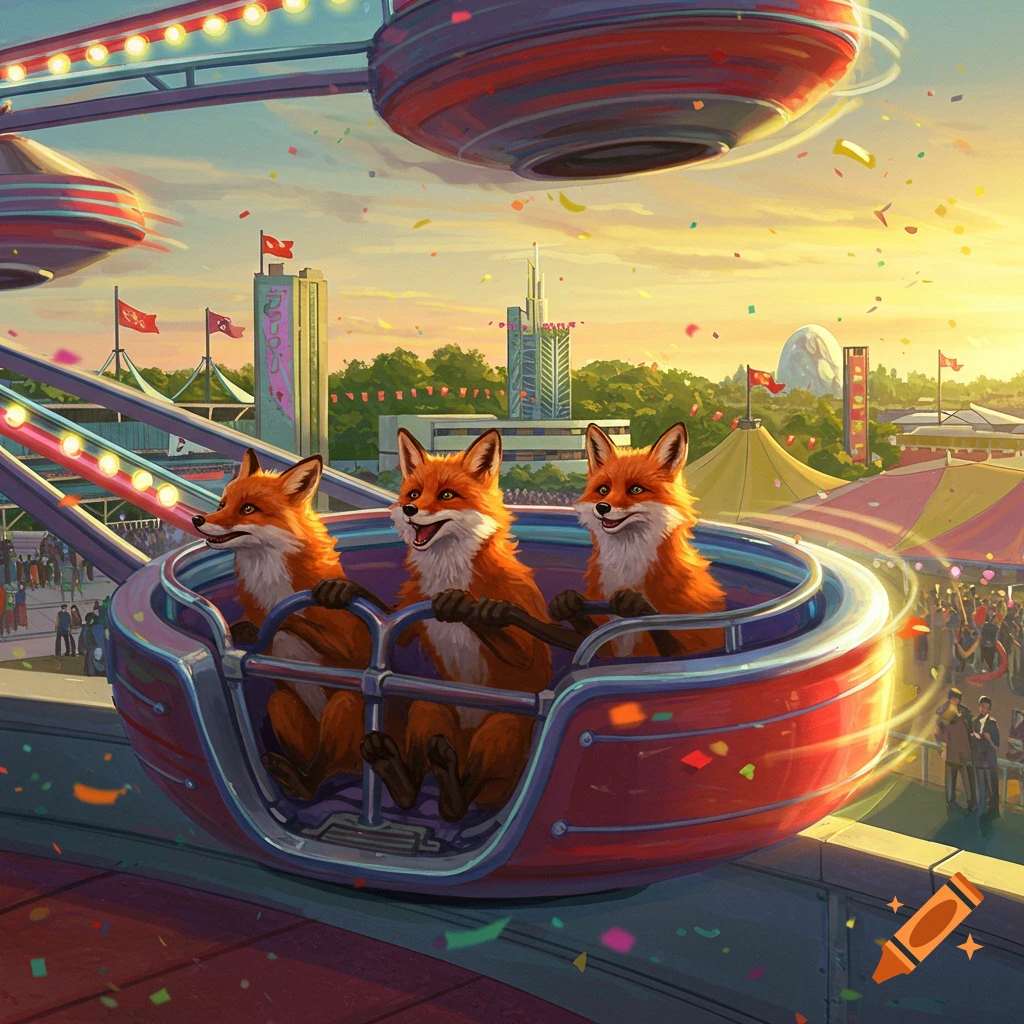Three happy foxes ride a fairground attraction at an expo during sunset, with confetti in the air.