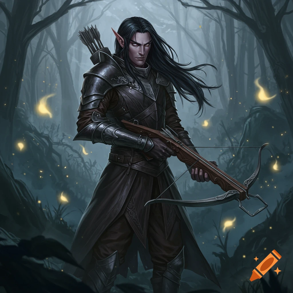 An armored dark elf with long black hair holds a crossbow in a dark, glowing forest.