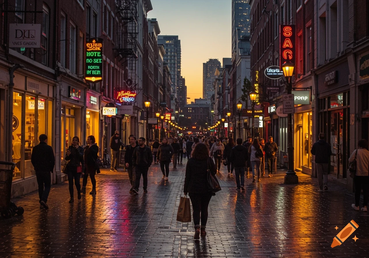 A bustling city street at dusk, illuminated by glowing shop windows and vibrant neon signs, with people walking along the wet pavement reflecting the lights.