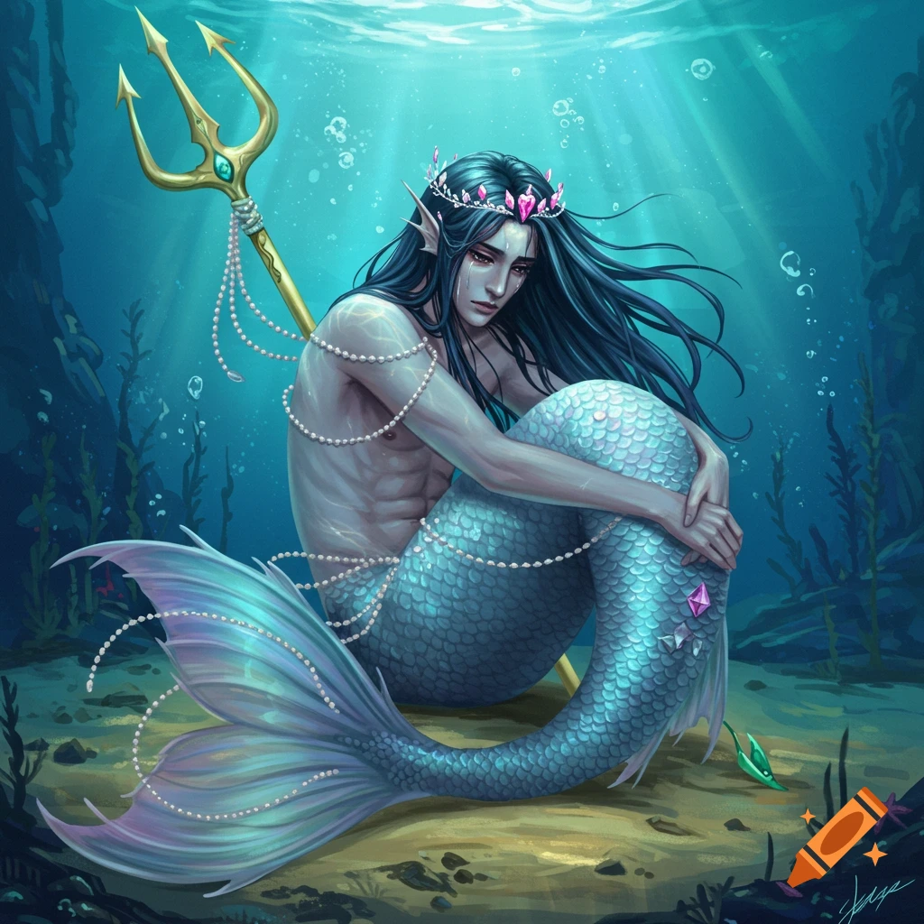 A melancholic merman with long dark hair, a crown, and pearls sits on the seabed with his blue and purple tail and trident.