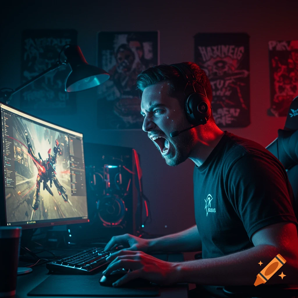 A male gamer in a dark room illuminated by red and blue light yells intensely at his computer screen while playing a video game.