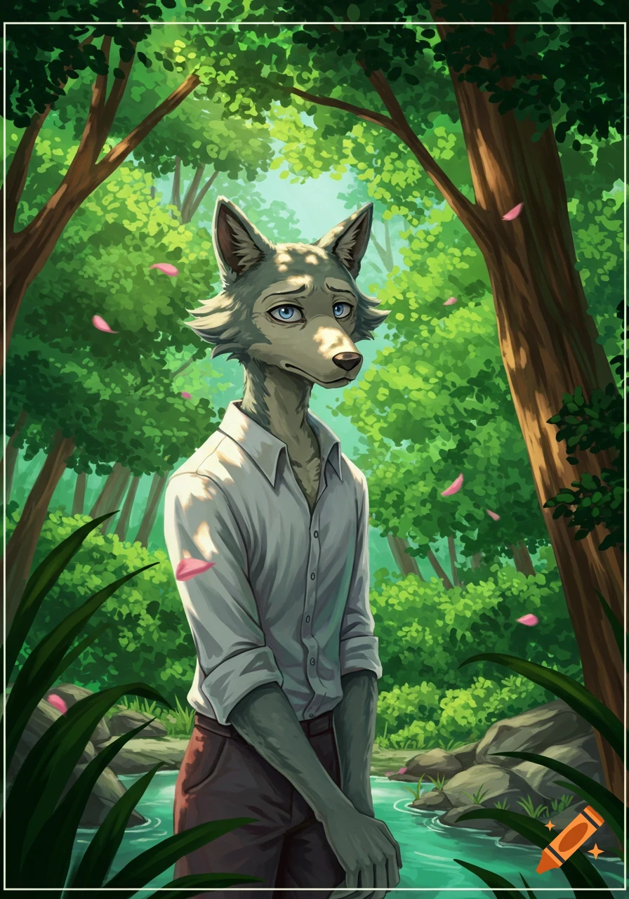 An anime illustration of Legoshi from Beastars, a grey anthropomorphic wolf, standing sadly in a lush green forest with a stream and falling pink petals.