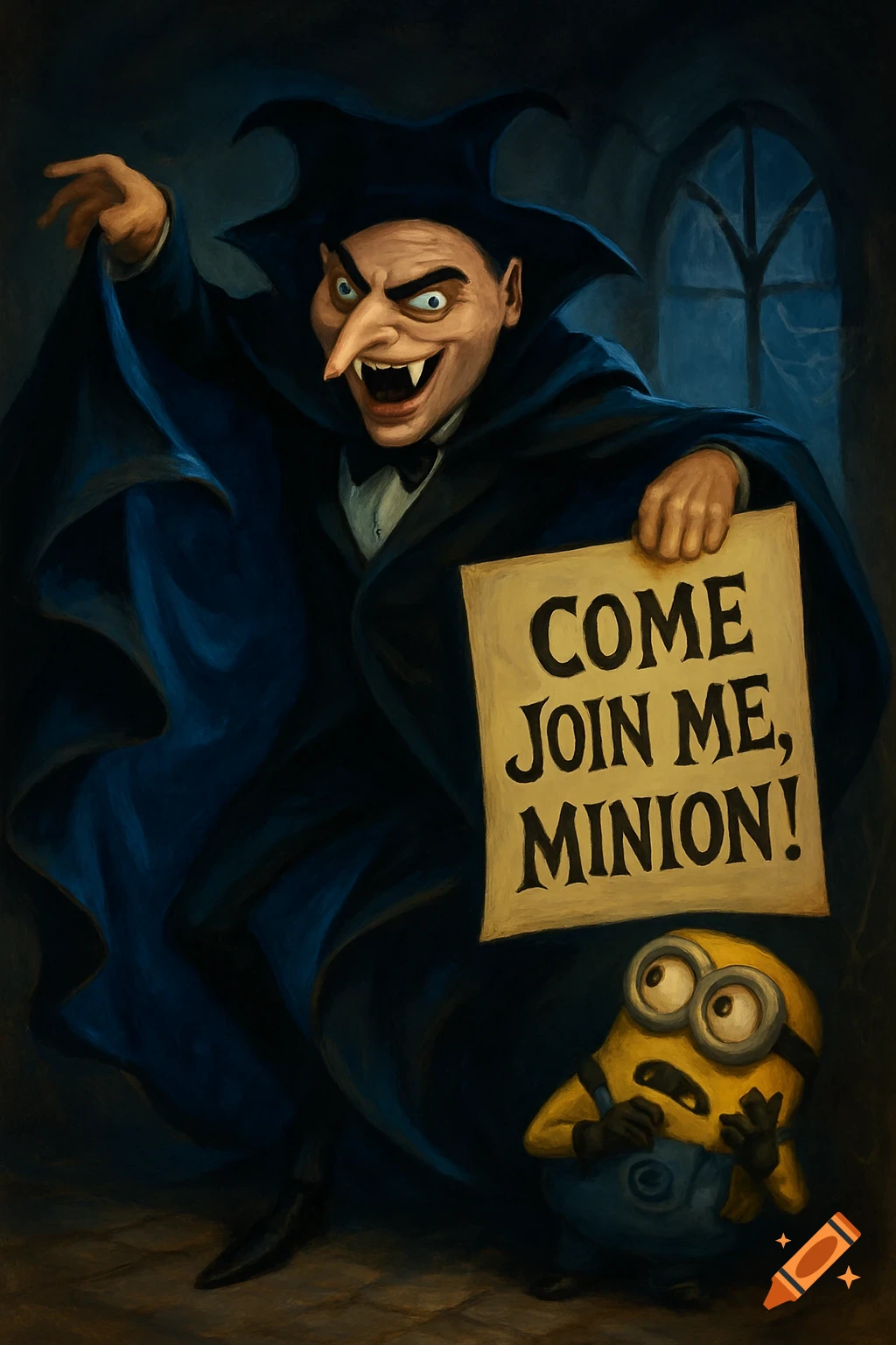 A cartoonish vampire in a black and blue cape holds a sign saying 'COME JOIN ME, MINION!' over a cowering Minion, in a painterly style.