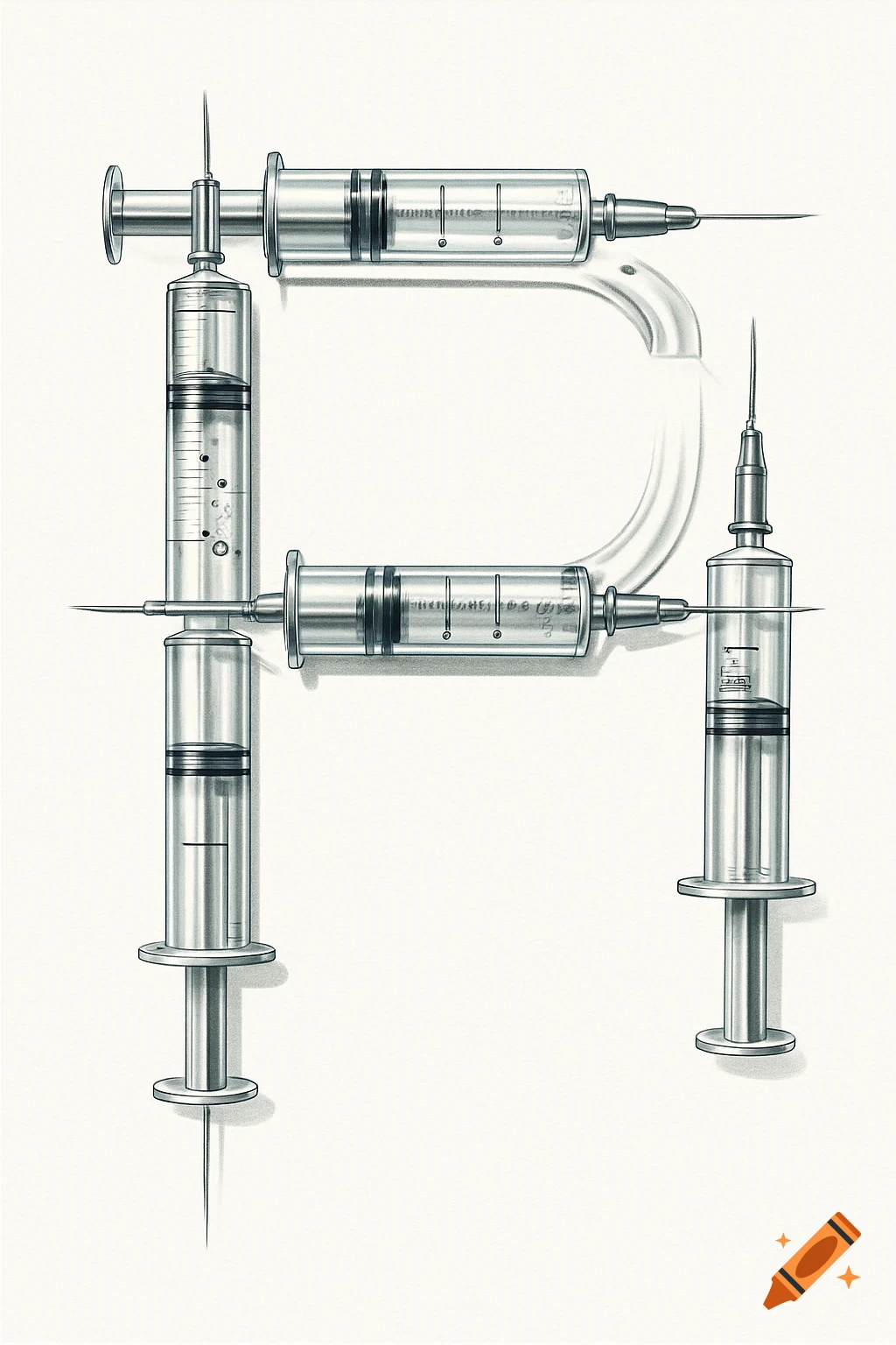 An illustration of the letter P formed by several interconnected glass and metal syringes, rendered with a clean, detailed, almost technical drawing style on a white background.