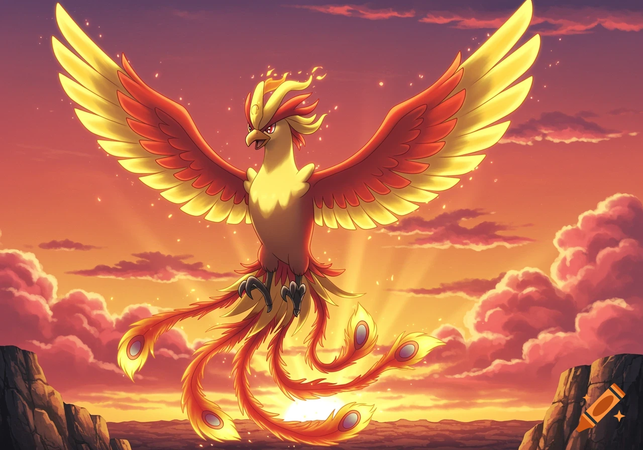 A vibrant orange and yellow phoenix-like creature, resembling Ho-Oh, soars with outstretched wings against a dramatic sunset sky with clouds.