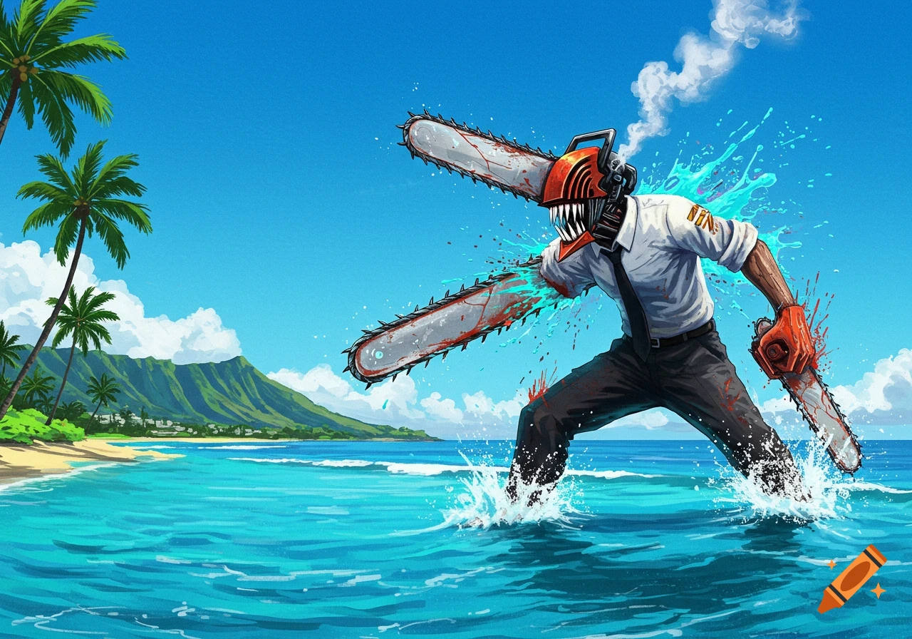 Chainsaw Man character with chainsaw head and arms, splashes through blue ocean water at a tropical beach with palm trees.