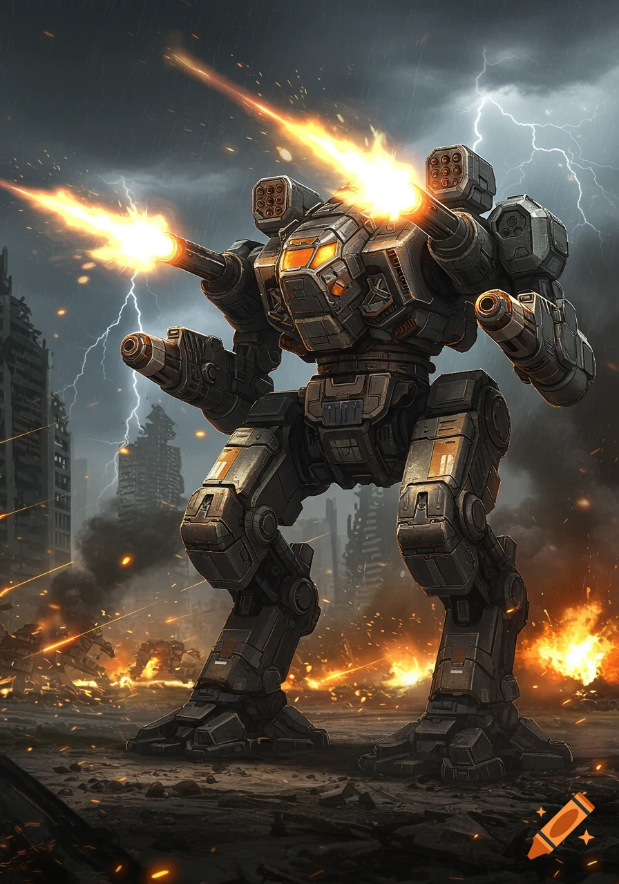 A powerful battlemech fires its guns in a destroyed city under a stormy, lightning-filled sky, surrounded by explosions.