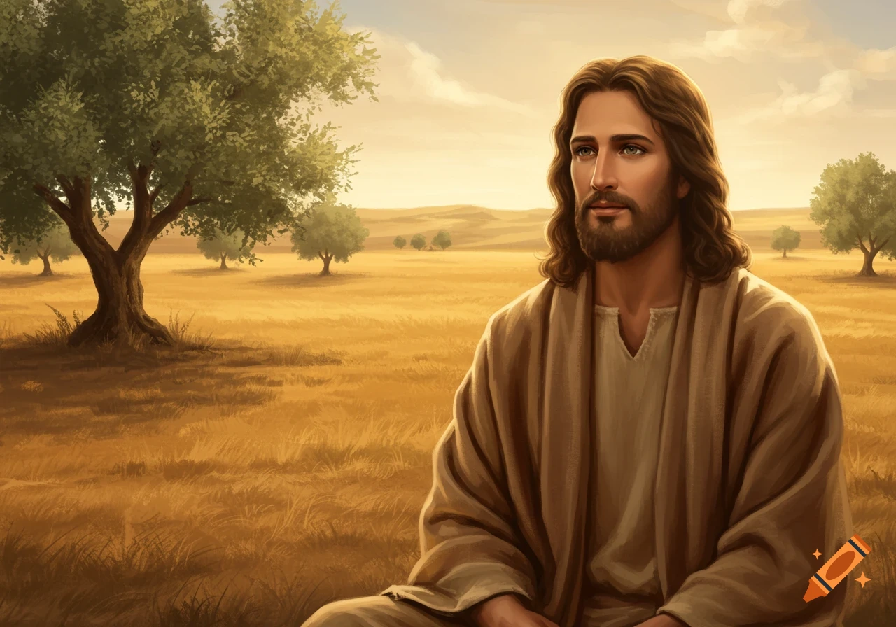 A stylized depiction of Jesus, with long brown hair and beard, wearing a robe, sitting in a golden field with trees under a warm sky.