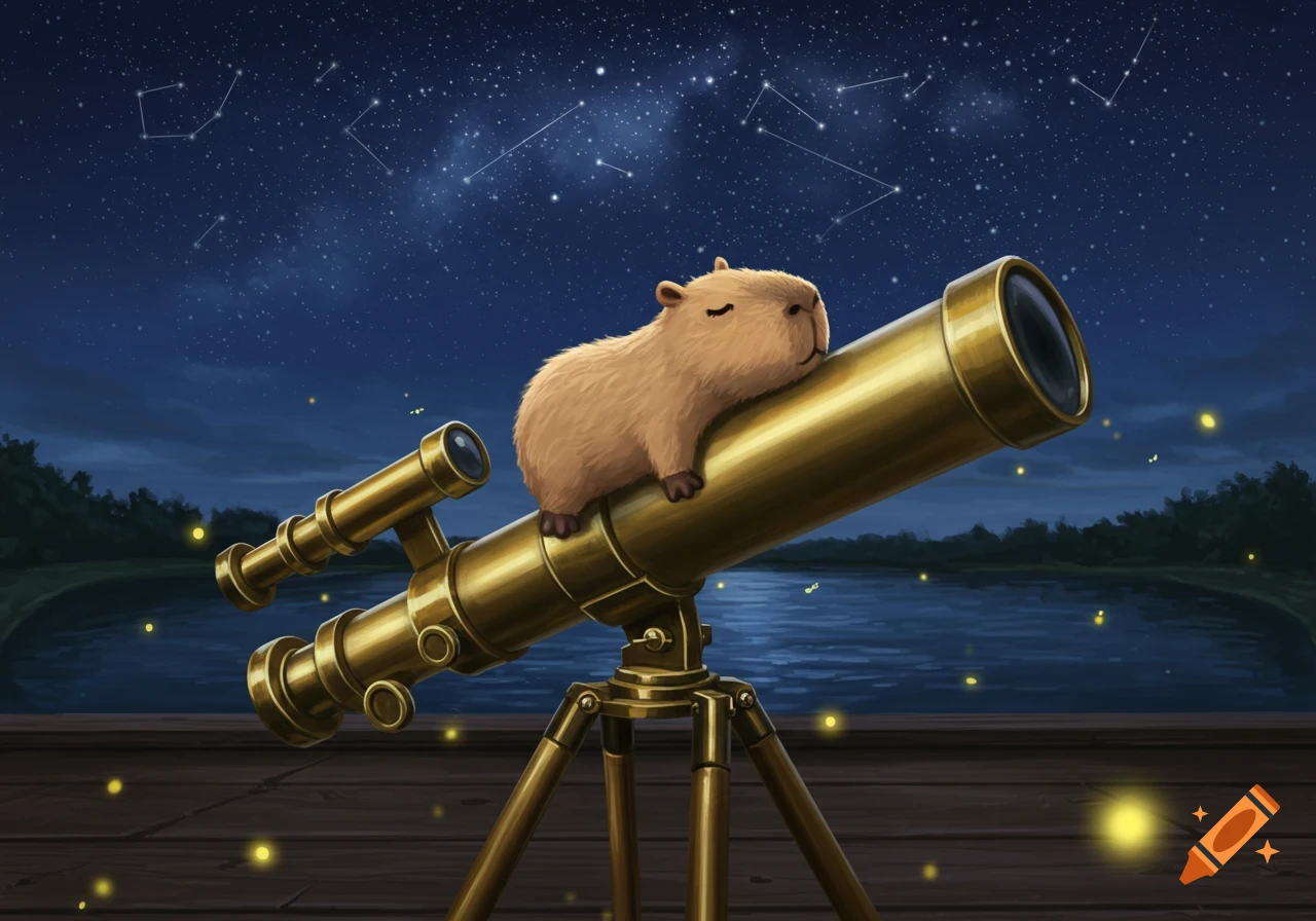 An illustrated capybara plushie sleeping on a golden telescope under a starry night sky by a lake.