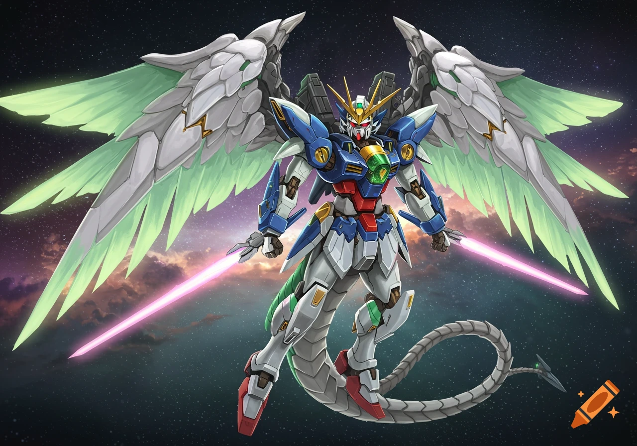 A blue and white Gundam-dragon hybrid mech with large white and green wings and a long tail, holding two pink beam sabers, floating in a starry space background in an anime style.