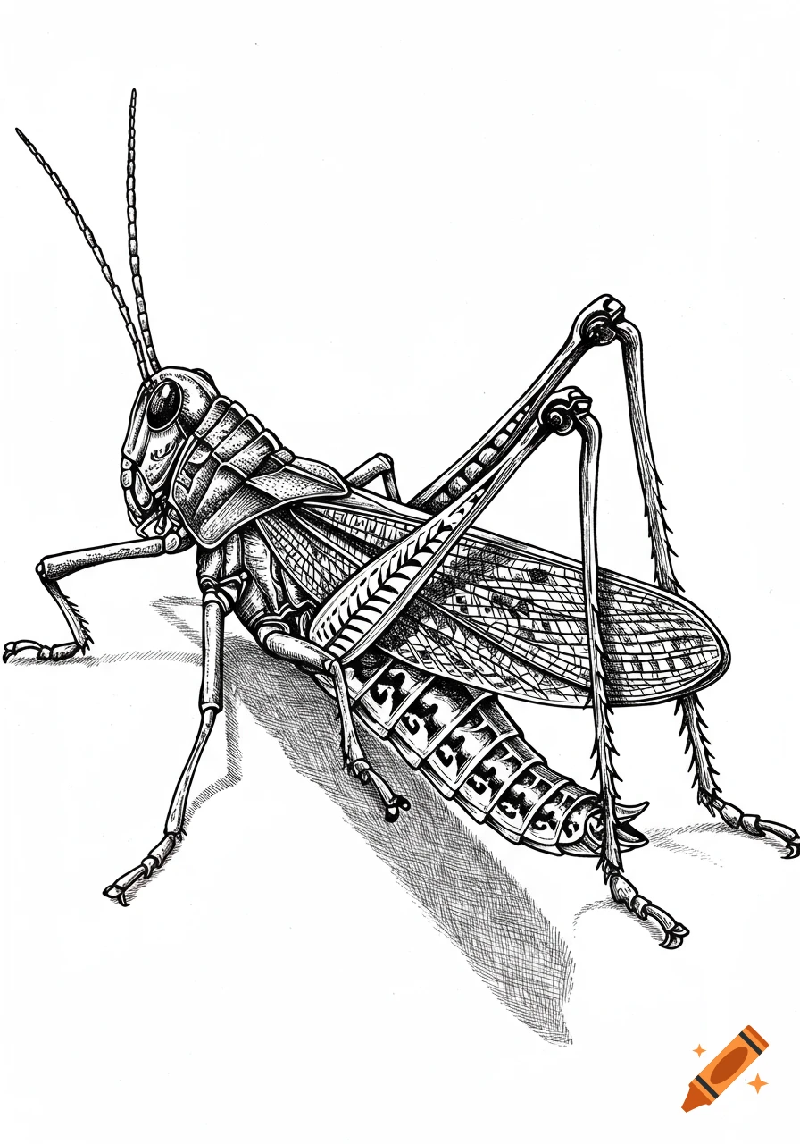 An intricate black and white pen and ink line drawing of a grasshopper.