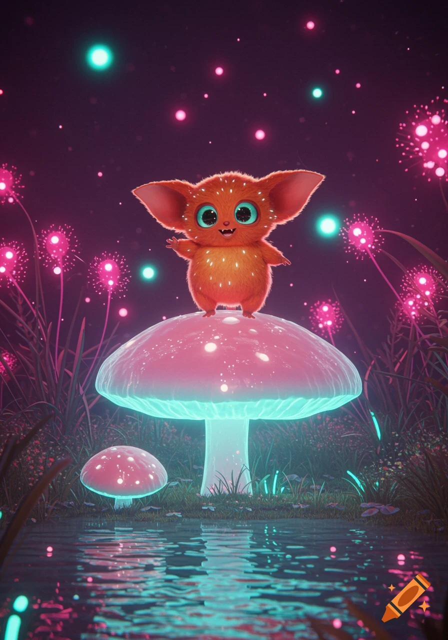 A cute orange furry creature with large ears and big blue eyes waves from a glowing pink mushroom in a magical, luminescent forest.