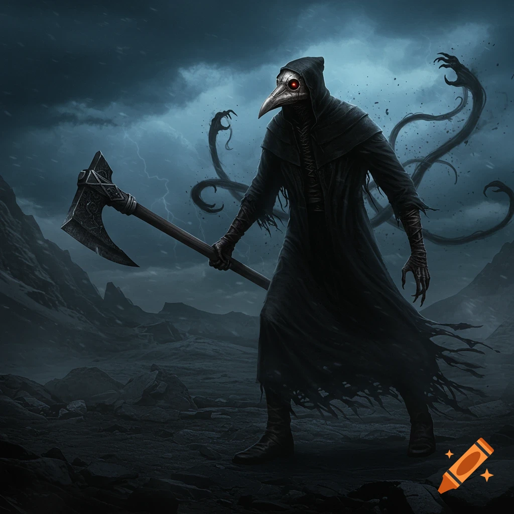 An ominous cloaked figure with a plague doctor mask and glowing red eyes holds an axe in a dark, stormy fantasy landscape.