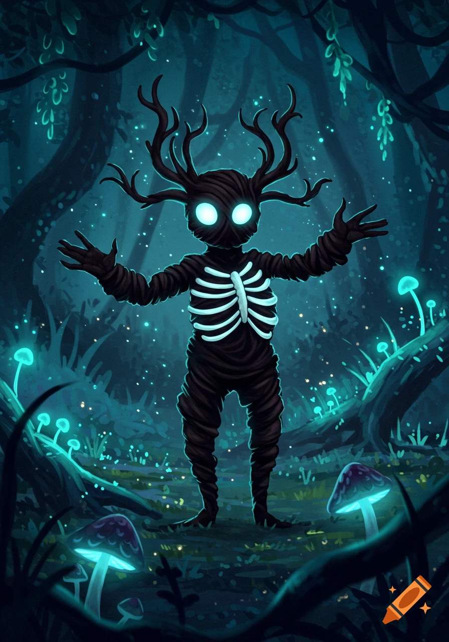 A dark, moss-covered creature with glowing eyes and antlers stands in a mystical blue forest with bioluminescent mushrooms. The creature has a ribcage design on its chest.