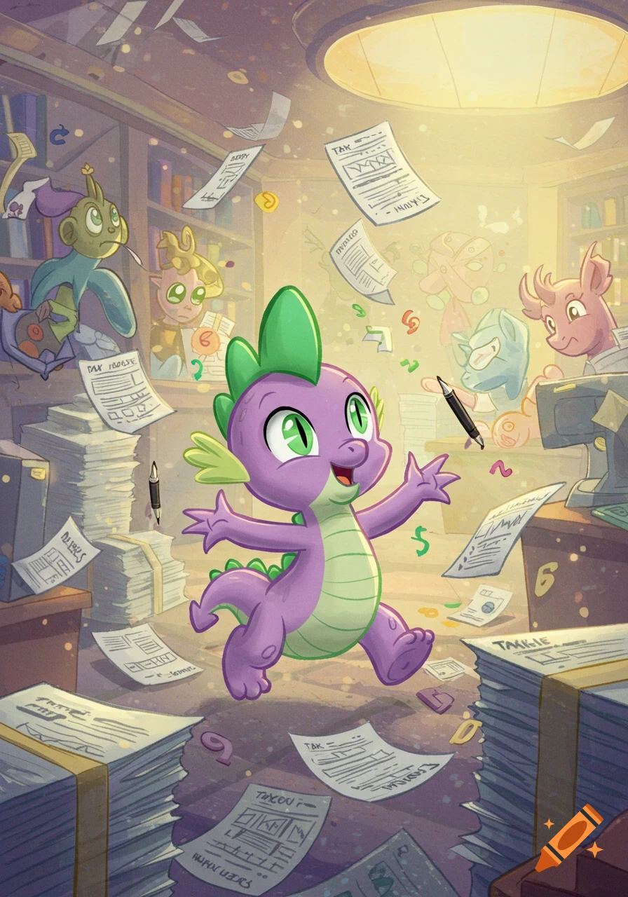 Spike from My Little Pony, a purple dragon with green spikes, smiles happily amidst a chaotic room filled with flying papers and stacks of documents, in a cartoon style.