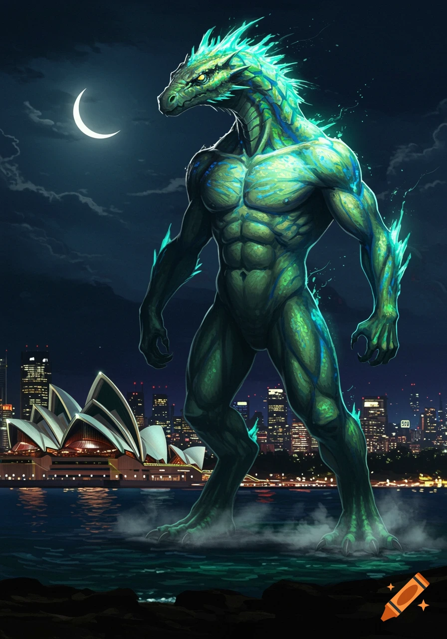 A colossal green reptilian monster stands in the water at night, with the Sydney Opera House and city skyline in the background under a crescent moon.
