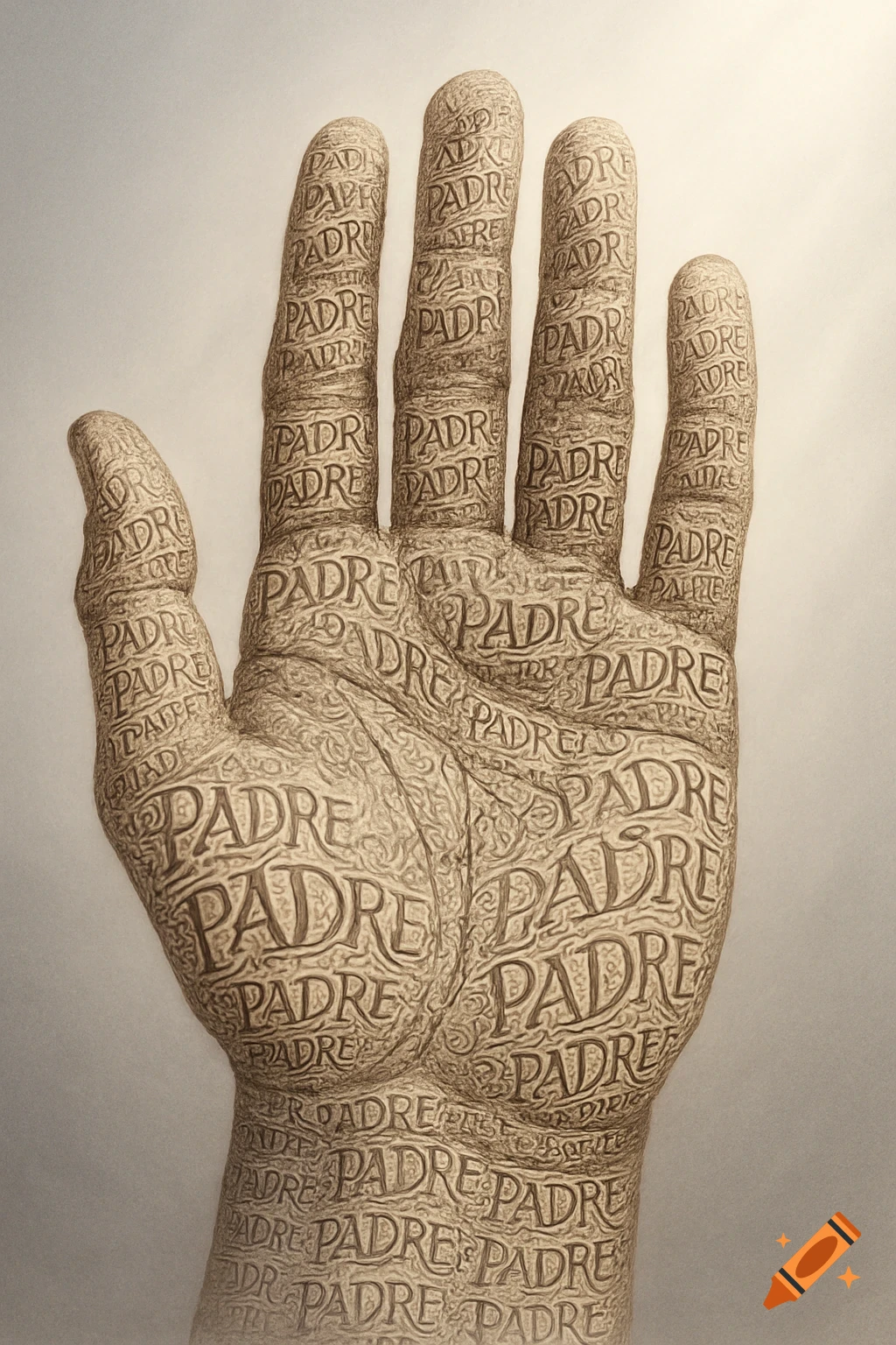 A human palm and fingers made entirely from the repeated word 'PADRE' in a detailed, monochromatic art style.