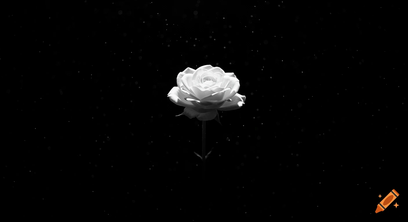 A single white rose with a stem, centered against a solid black background, with small white dots scattered around it like stars. Photorealistic, black and white.
