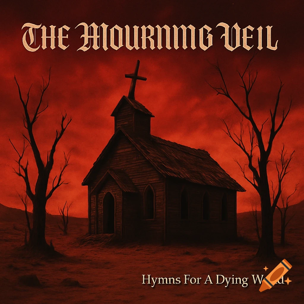 An ominous image of a crumbling wooden church with a crooked cross in a barren desert under a blood-red sky, surrounded by dead trees. Text reads 'THE MOURNING VEIL' and 'Hymns For A Dying World'.