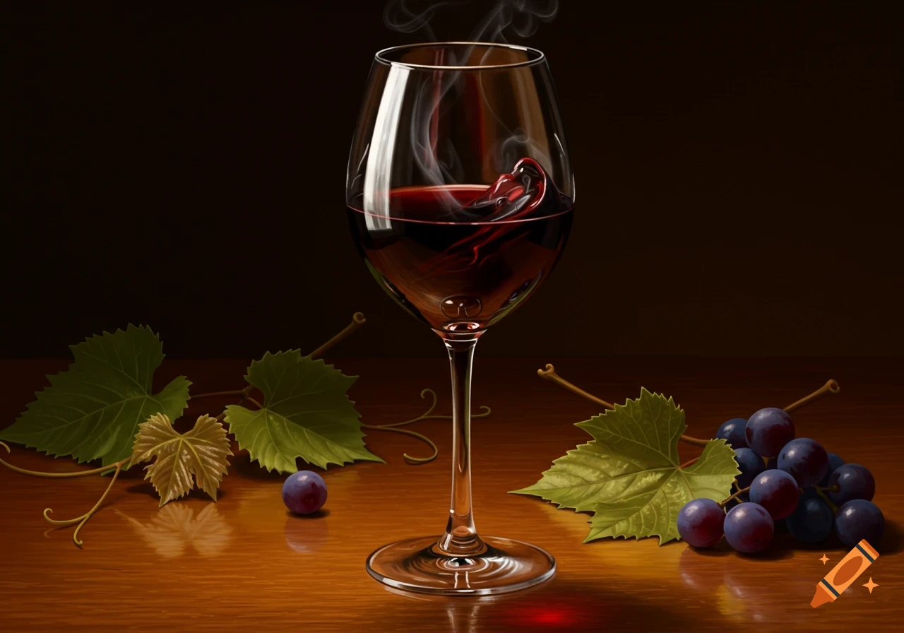 A photorealistic still life of a glass of red wine with grapes and leaves on a reflective wooden table.