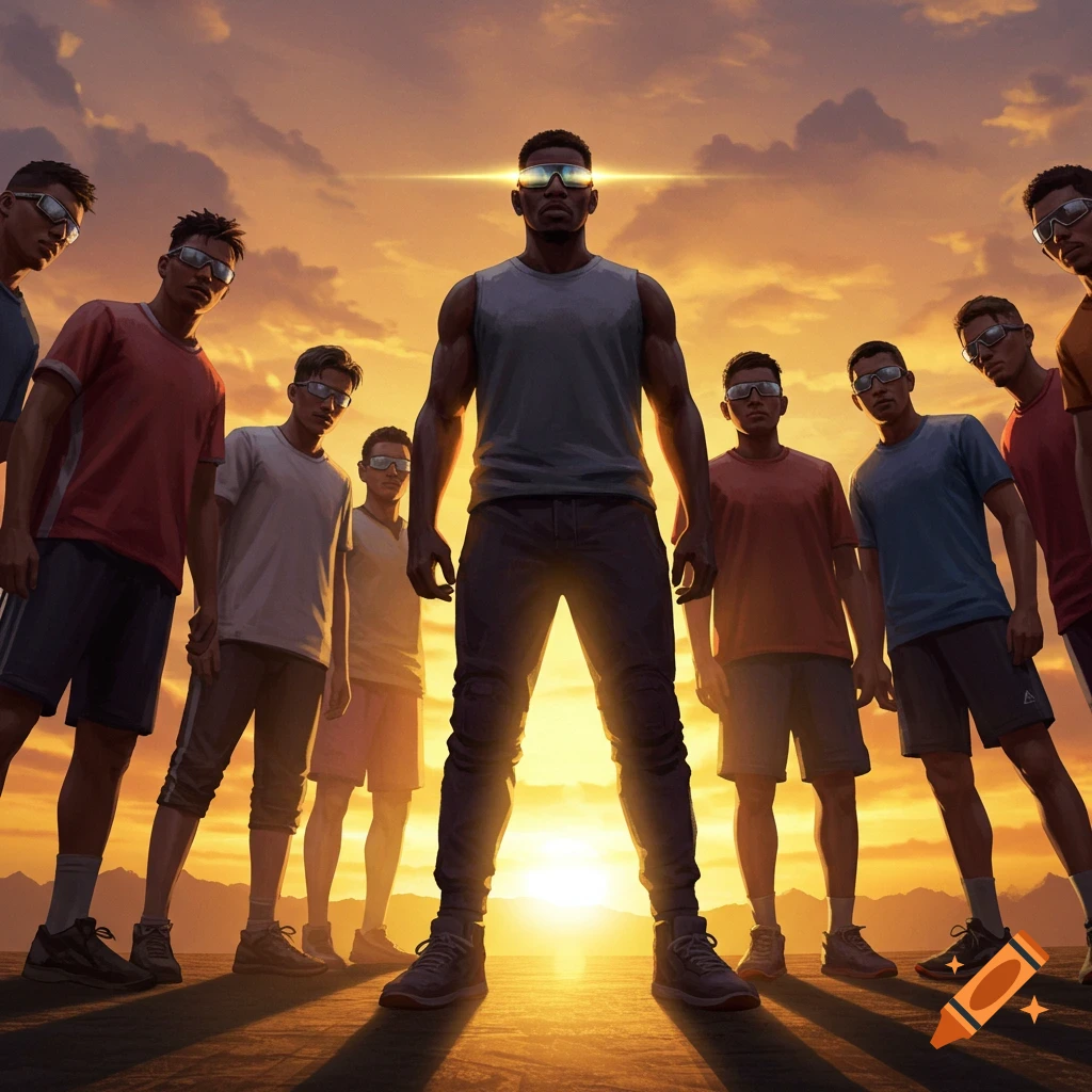 A group of athletes, led by a man with glowing eyes, stand at sunset in a powerful stance.