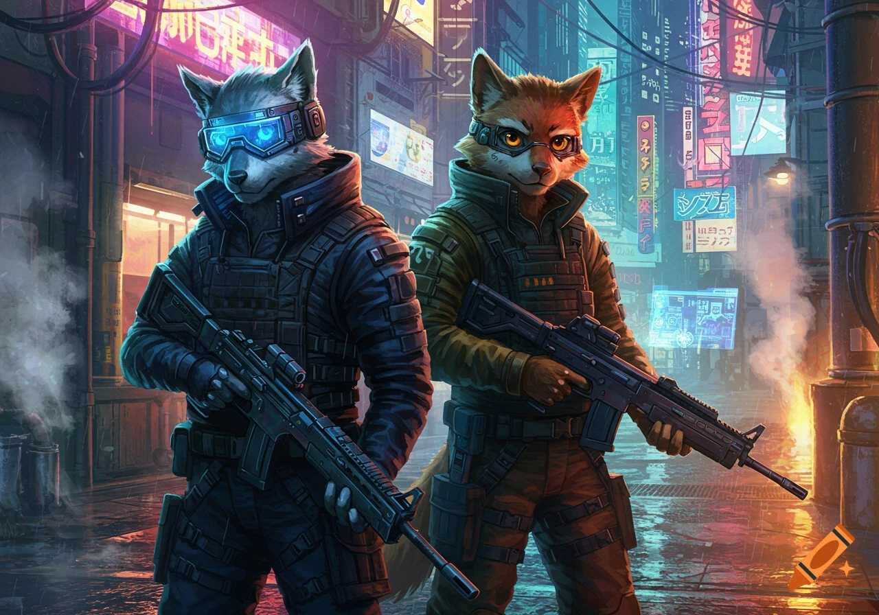 Two anthropomorphic canid soldiers in tactical gear with rifles stand in a neon-lit cyberpunk city alley.