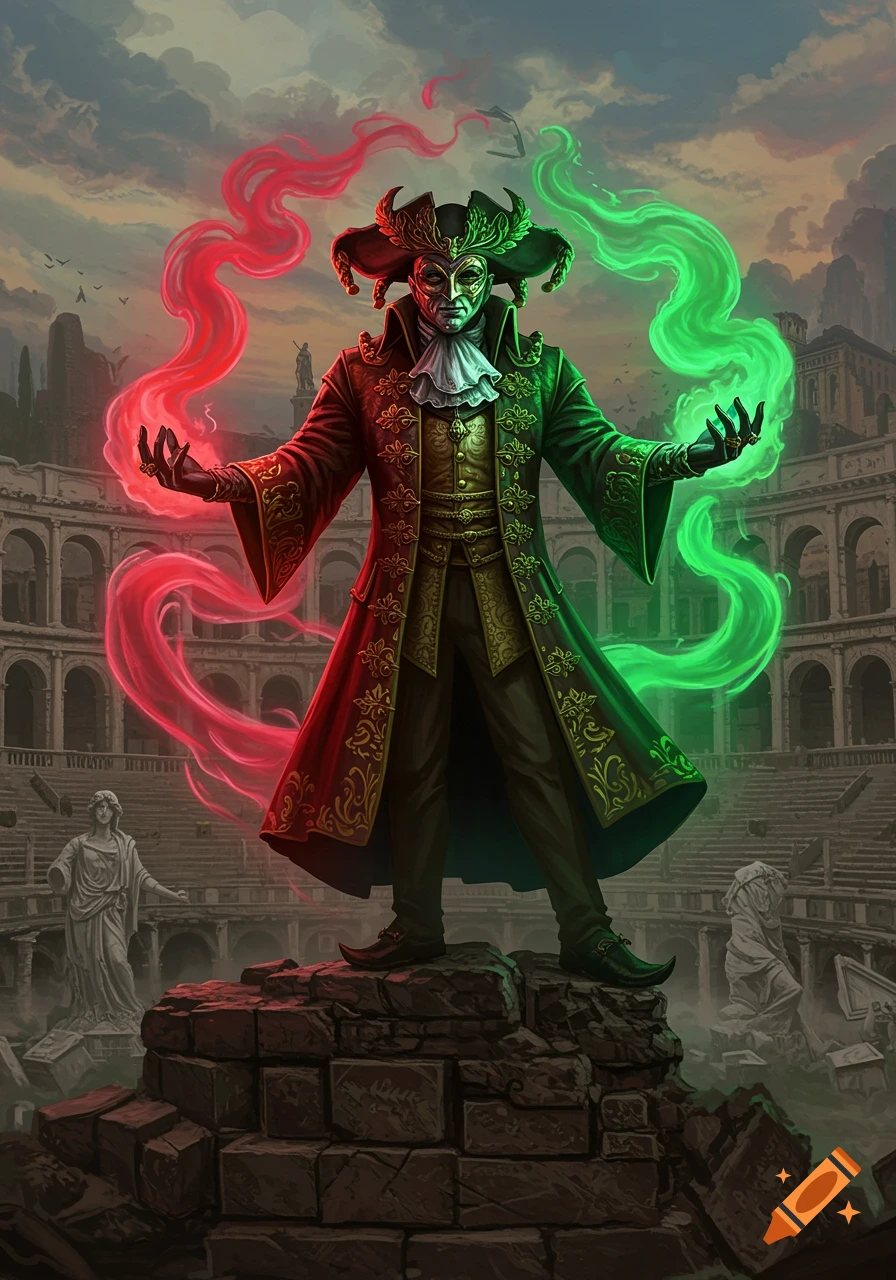 A masked figure in an ornate green and red jester-like costume emits red and green energy, standing on ruins before an ancient amphitheater.