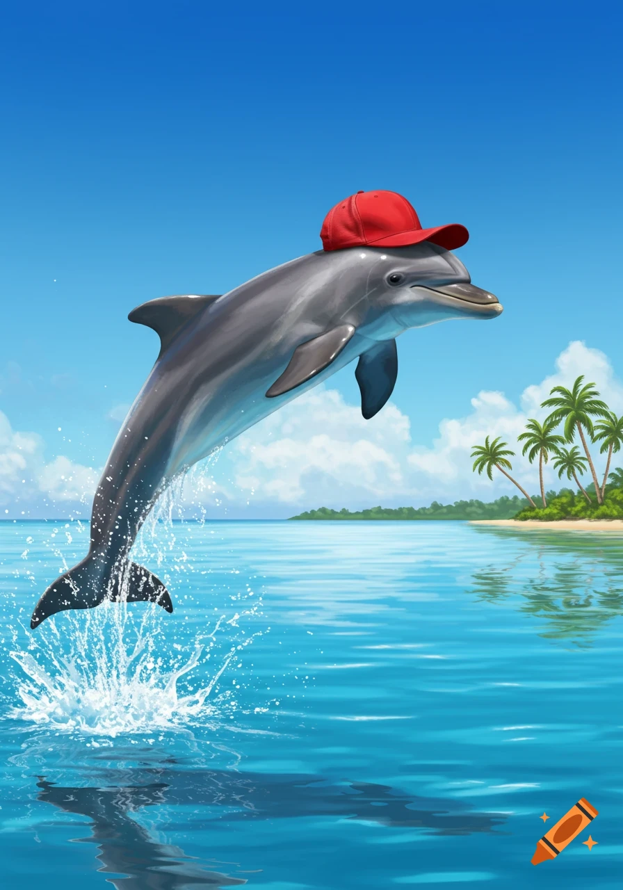 A grey dolphin wearing a red baseball hat leaps from the blue ocean against a tropical island background.