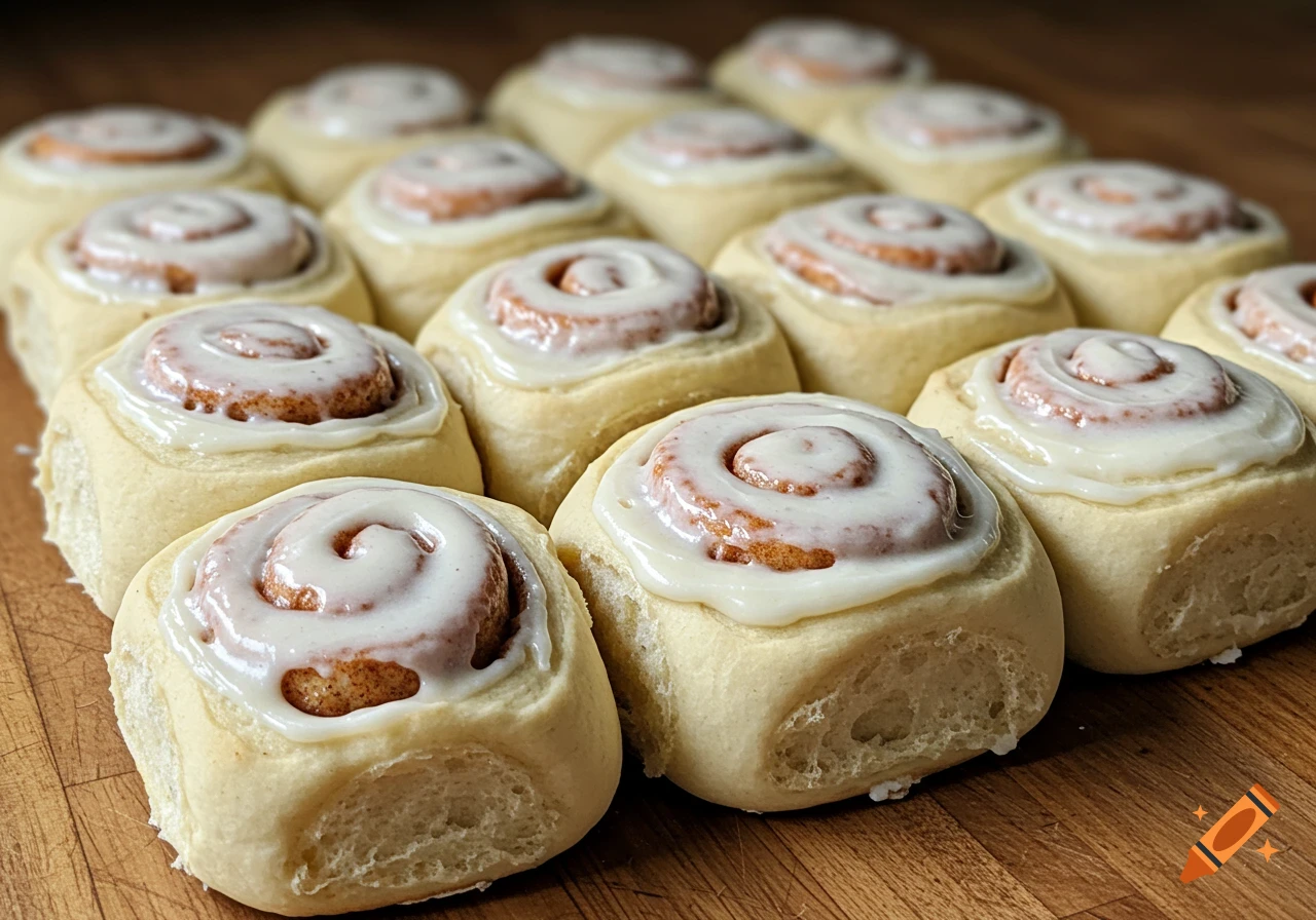 A close-up shot of several rows of freshly baked cinnamon rolls with white icing on a wooden surface.
