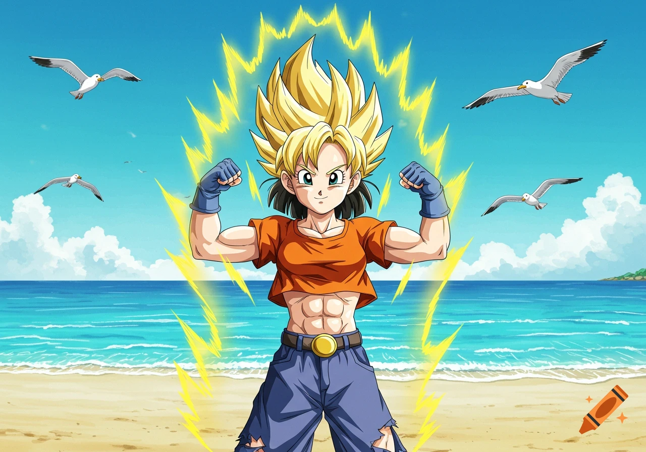 Anime character Super Saiyan Pan flexing her biceps on a sunny beach with seagulls flying overhead.