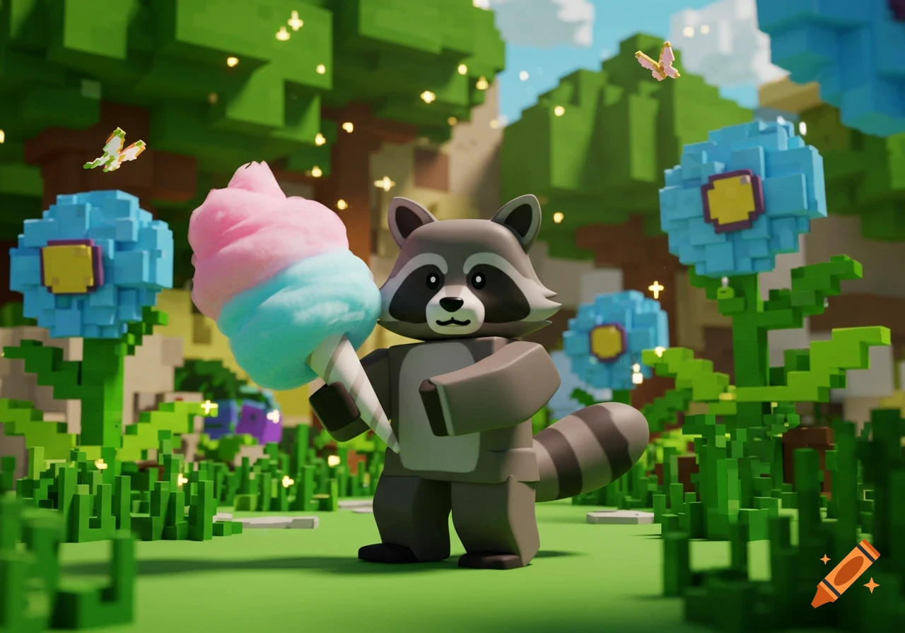 A blocky raccoon character holds a large pink and blue cotton candy in a pixelated garden scene with block flowers and trees.