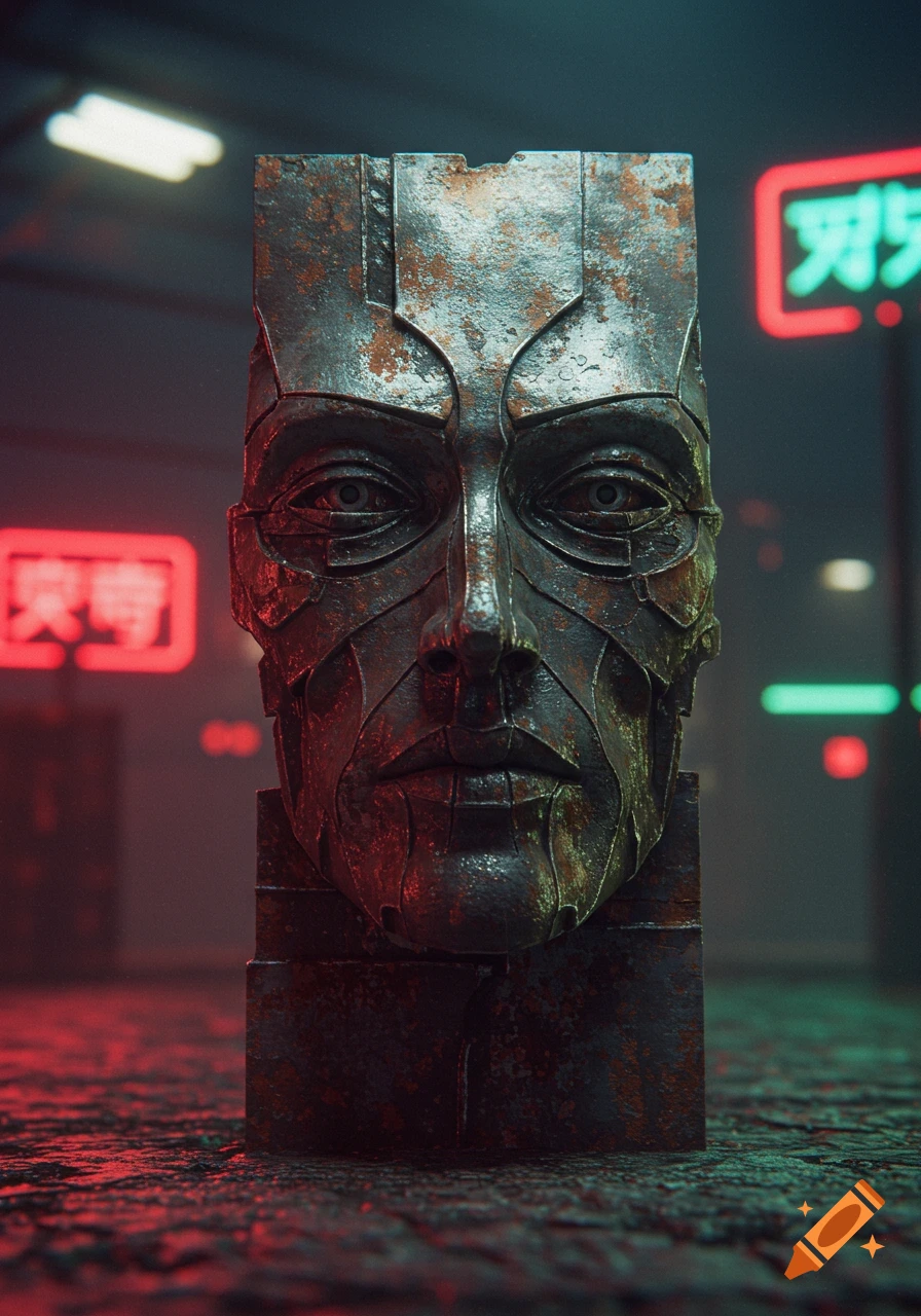 A rusted, segmented metal face sculpture stands upright in a dark, cyberpunk-style environment with blurred neon lights.