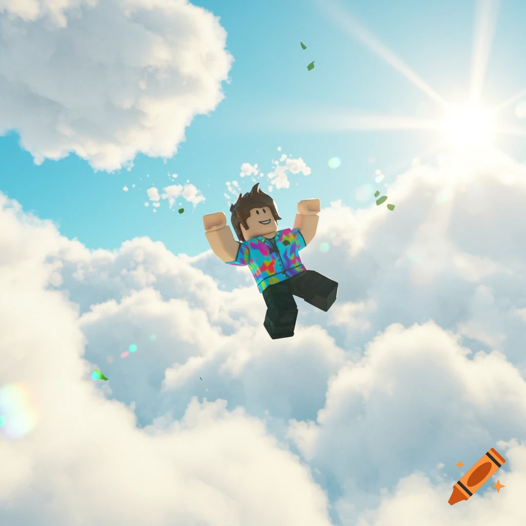 A happy Roblox character in a colorful shirt falls through a bright blue sky with white clouds and a shining sun.