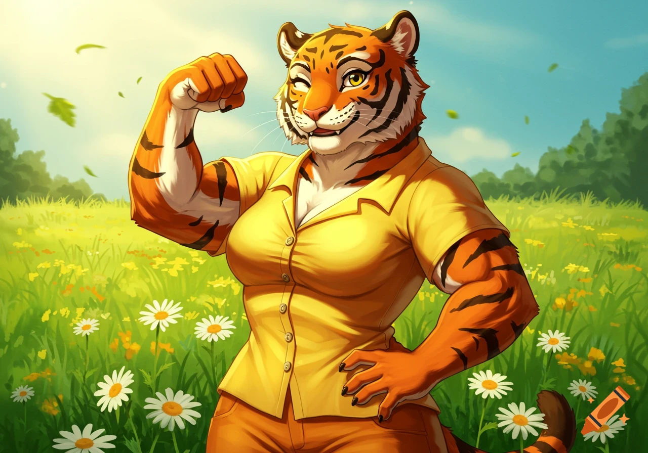 An anthropomorphic female tiger in a yellow summer outfit flexes her bicep and winks in a sunny meadow with daisies.